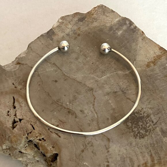 Vintage Sterling Silver 925 7MM Bead Ball Oval Cuff Bracelet Sz 7" - Picture 5 of 16